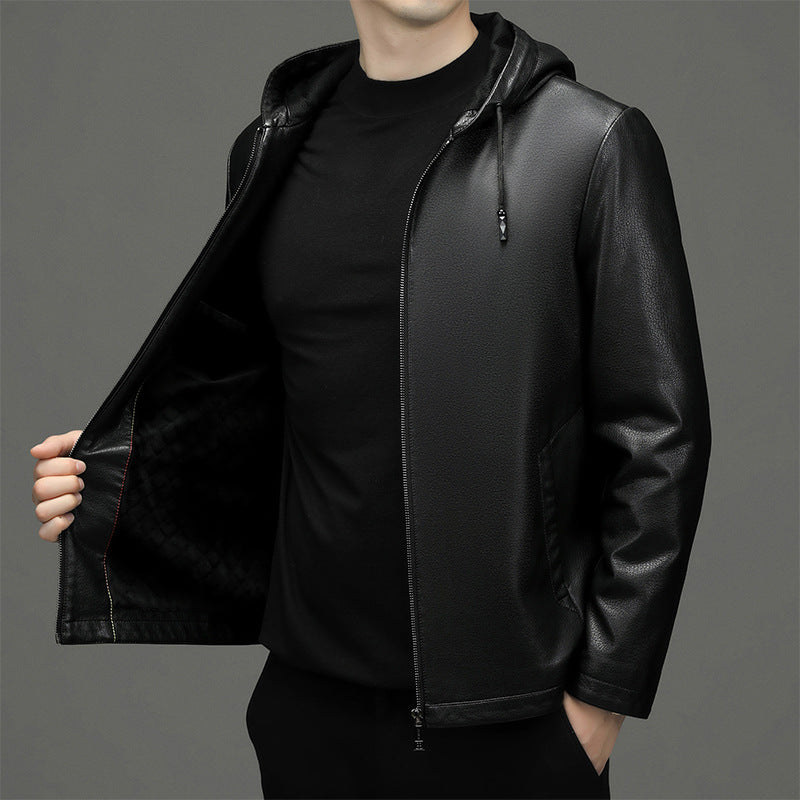 Innoobani | Hooded Ecological Leather Jacket Men's Autumn and Winter High Quality Men's Hooded Leather Jacket | Thin and Thick Optional 2261