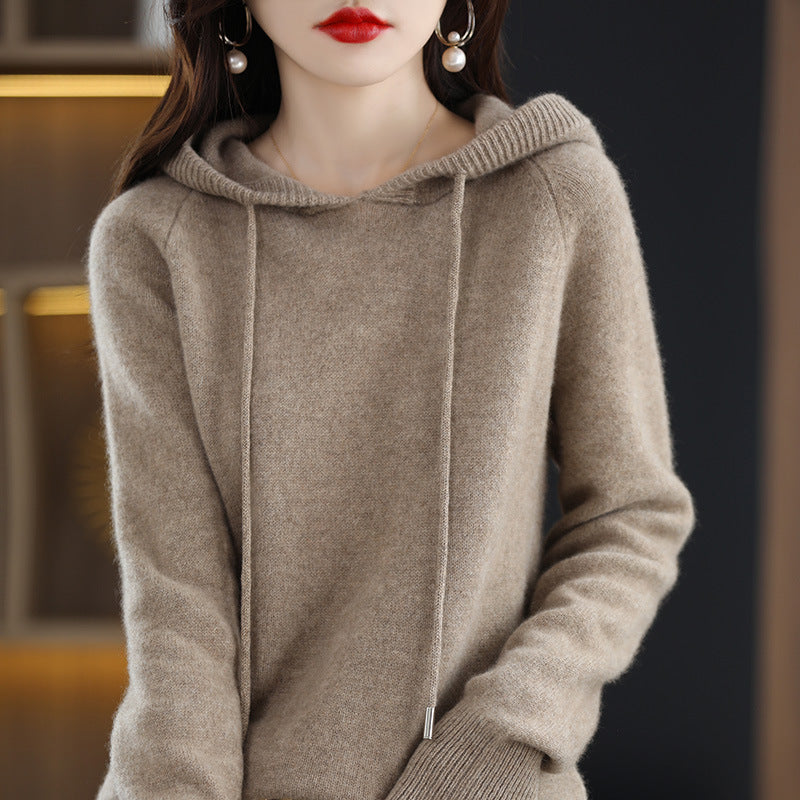 Camel Hooded Sweatshirt Pure Color Outer Hooded Knitted Hoodie Outer Wear Loose Drawstring Casual Pullover Sweater