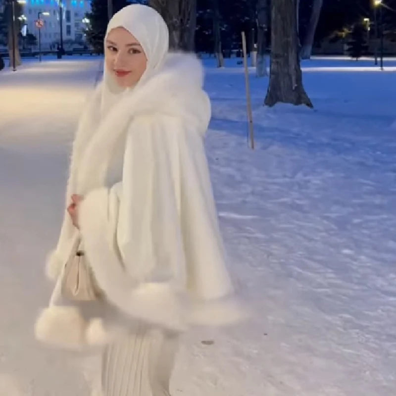 Women Luxury Furry Trim Hooded Cape Coat Warm Loose White Shawl Cloak Winter Fashion Evening Party Festival Elegant Lady Outfit