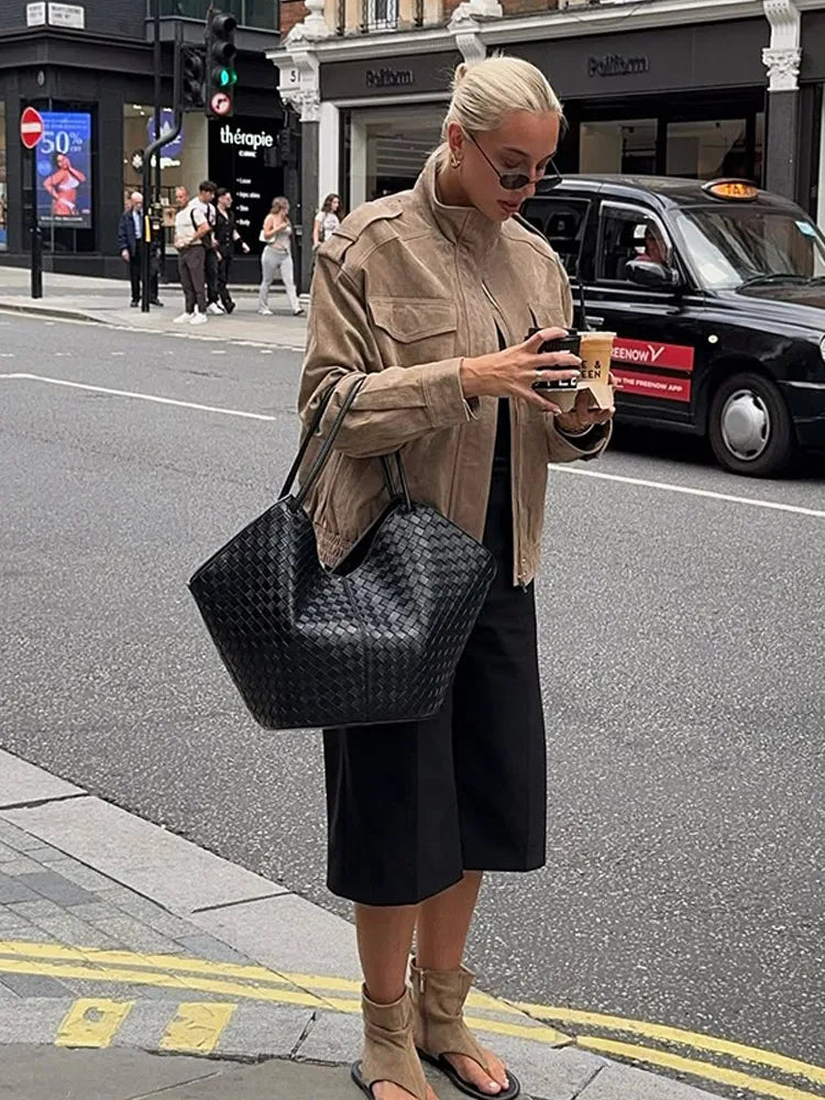 Casual Solid Short Suede Jacket Women Chic Stand Collar Full Sleeve Zipper Pocket Loose Coat 2026 Lady Daily Highstreet Jackets