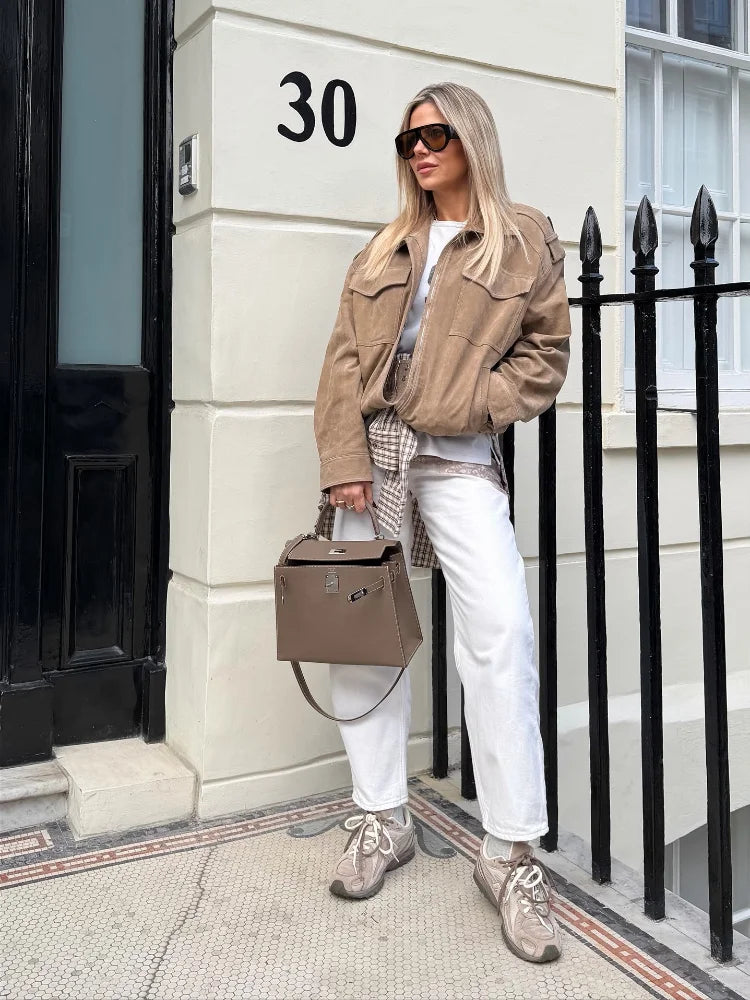 Casual Solid Short Suede Jacket Women Chic Stand Collar Full Sleeve Zipper Pocket Loose Coat 2026 Lady Daily Highstreet Jackets