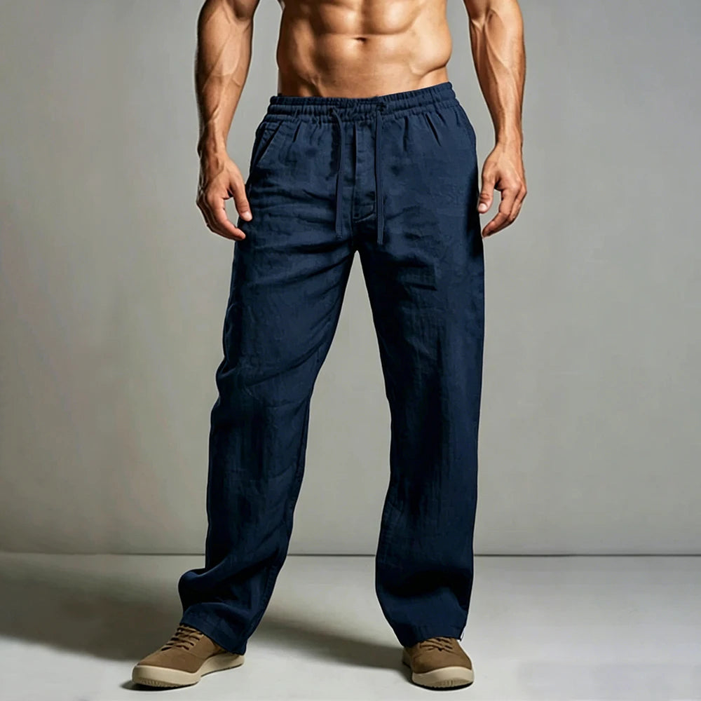 Men's Casual Pants Summer Lightweight Breathable Cotton Linen Loose Fit Trousers Solid Color Elastic Waist Male Dailywear