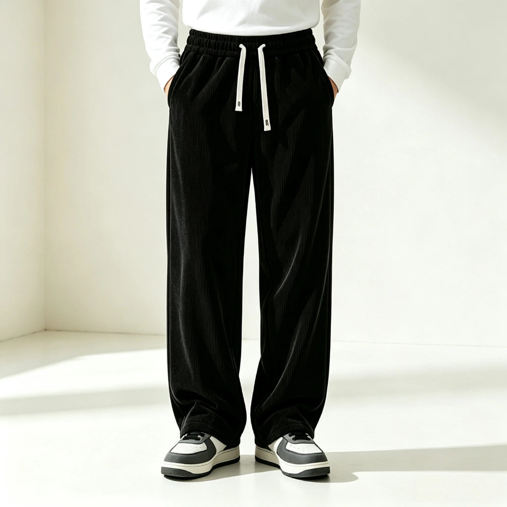 New Model Men Corduroy Wide Leg Trousers Elastic Drawstring Waist Loose Straight Casual Pants Fashion