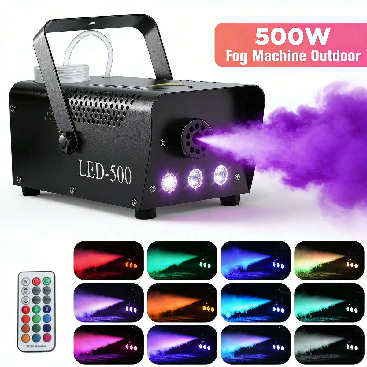 500W RGB LED Smoke Machine with Wireless Remote Control, Colorful Stage Fog Machine DJ Equipment for Bar Party Concert Halloween