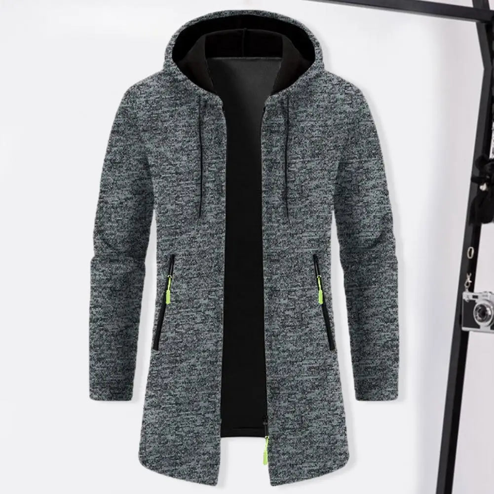 High-quality Fabric Men Sweater Stylish Medium Length Hooded Zipper Cardigan Versatile Men's Outerwear for Fall/winter Men Solid