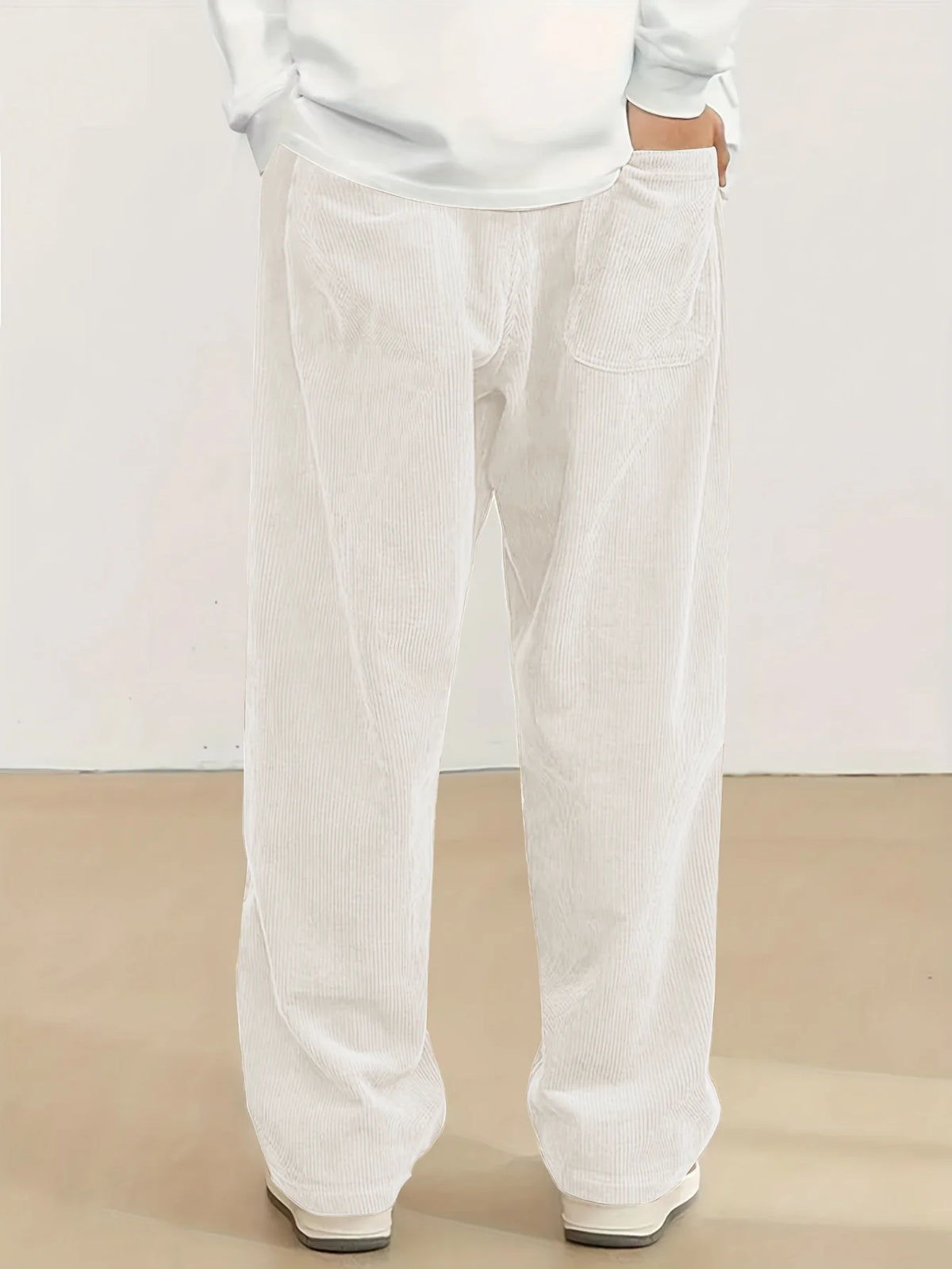 New Model Men Corduroy Wide Leg Trousers Elastic Drawstring Waist Loose Straight Casual Pants Fashion