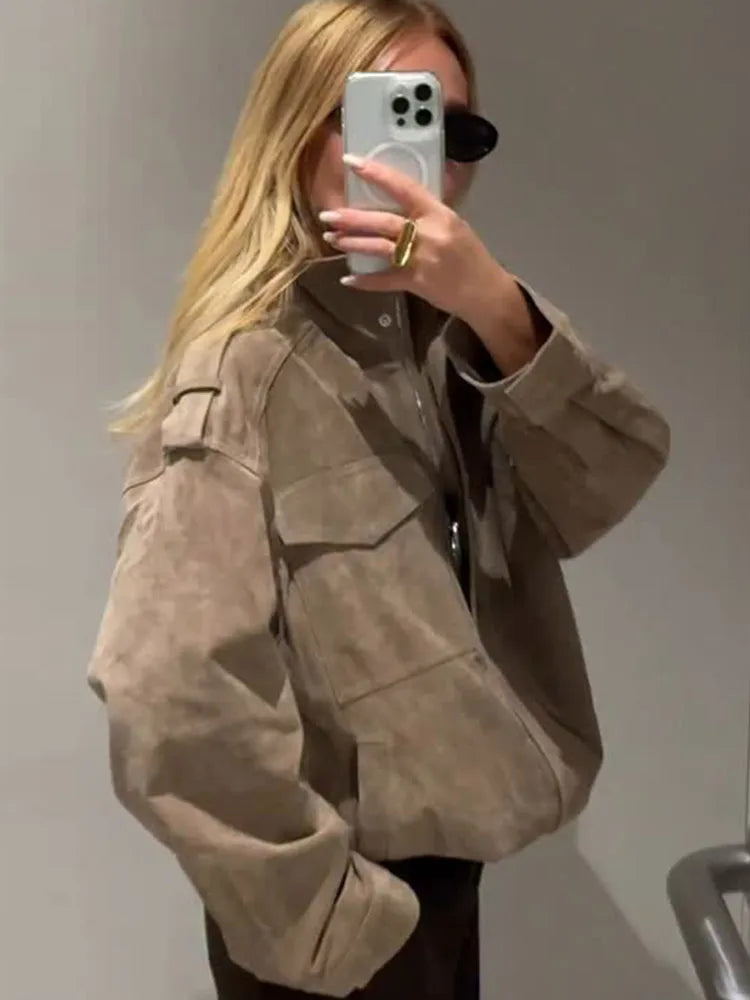 Casual Solid Short Suede Jacket Women Chic Stand Collar Full Sleeve Zipper Pocket Loose Coat 2026 Lady Daily Highstreet Jackets