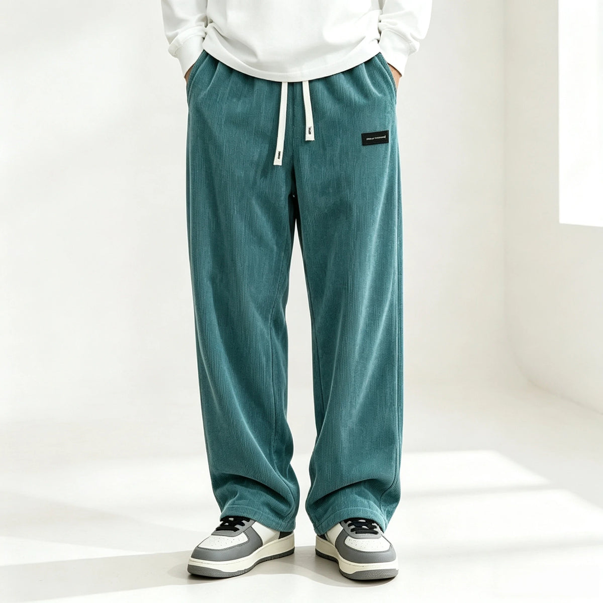 New Model Men Corduroy Wide Leg Trousers Elastic Drawstring Waist Loose Straight Casual Pants Fashion