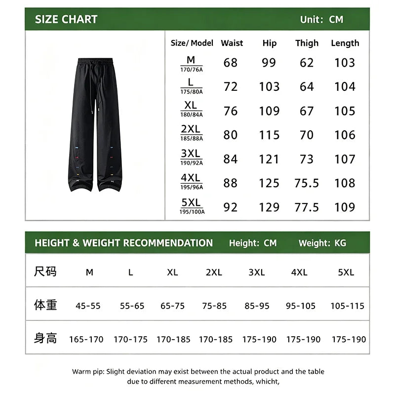 Mens Streetwear Wide Leg Pants Elastic Waist Drawstring Colorful Embroidery Ornament Loose Straight Casual Trousers