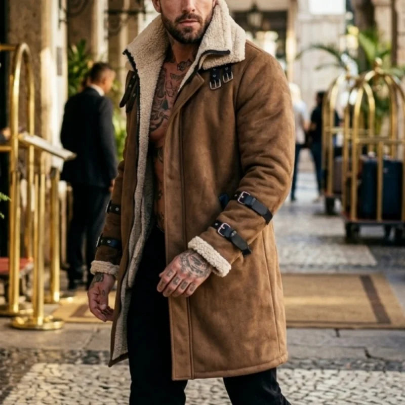 New Winter Windproof Jacket - Mid-length Warm Fleece Coat Double Collar Double-layered Outdoor Warm Coat Street  Mens Jacket