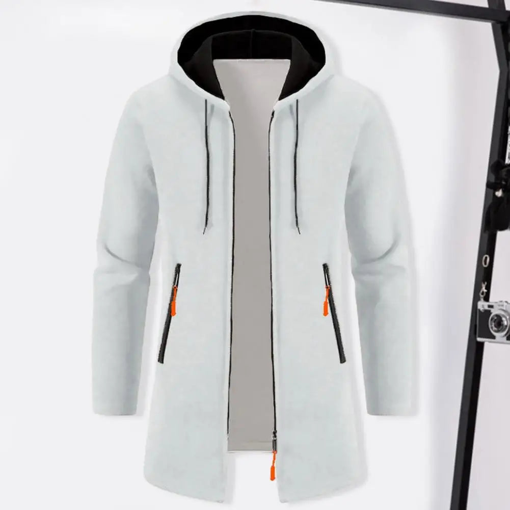 High-quality Fabric Men Sweater Stylish Medium Length Hooded Zipper Cardigan Versatile Men's Outerwear for Fall/winter Men Solid