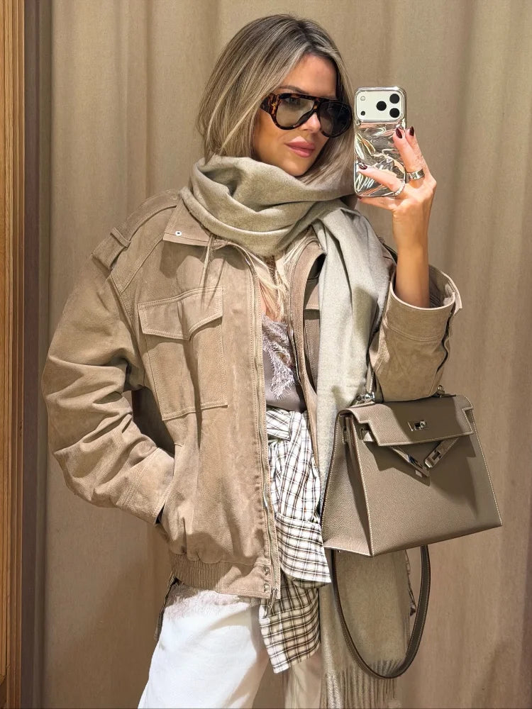 Casual Solid Short Suede Jacket Women Chic Stand Collar Full Sleeve Zipper Pocket Loose Coat 2026 Lady Daily Highstreet Jackets