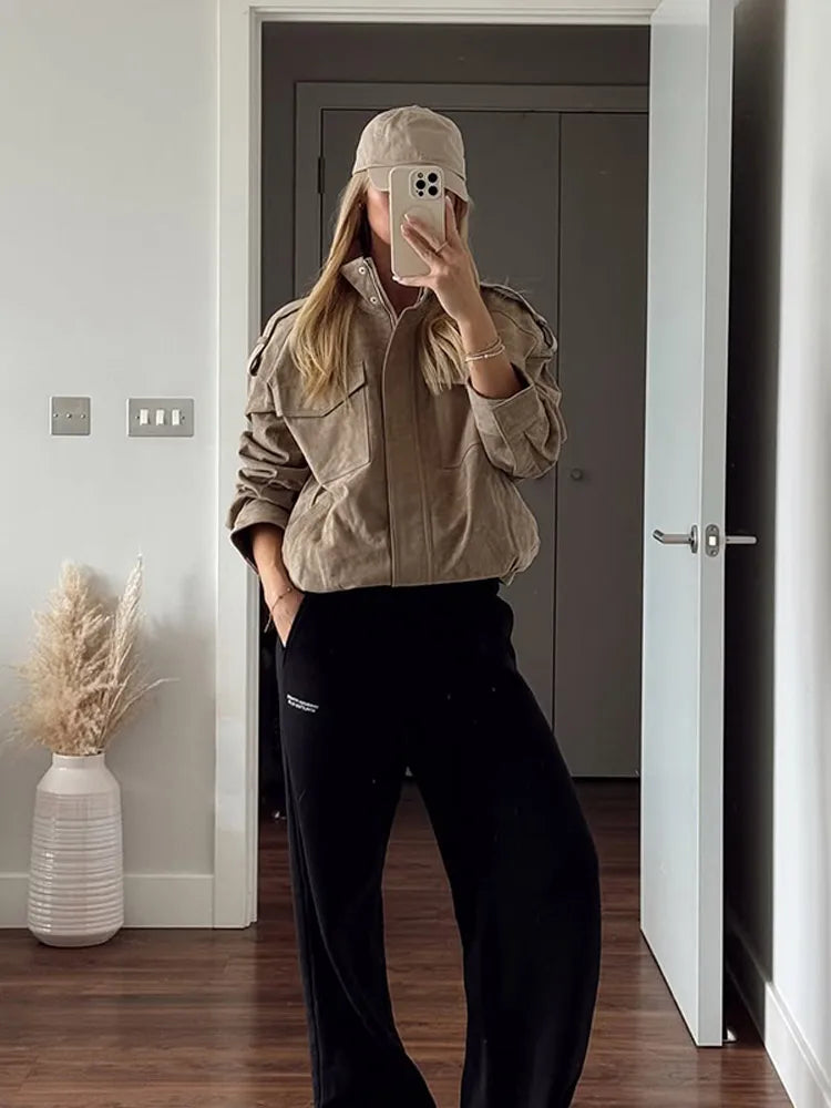 Casual Solid Short Suede Jacket Women Chic Stand Collar Full Sleeve Zipper Pocket Loose Coat 2026 Lady Daily Highstreet Jackets