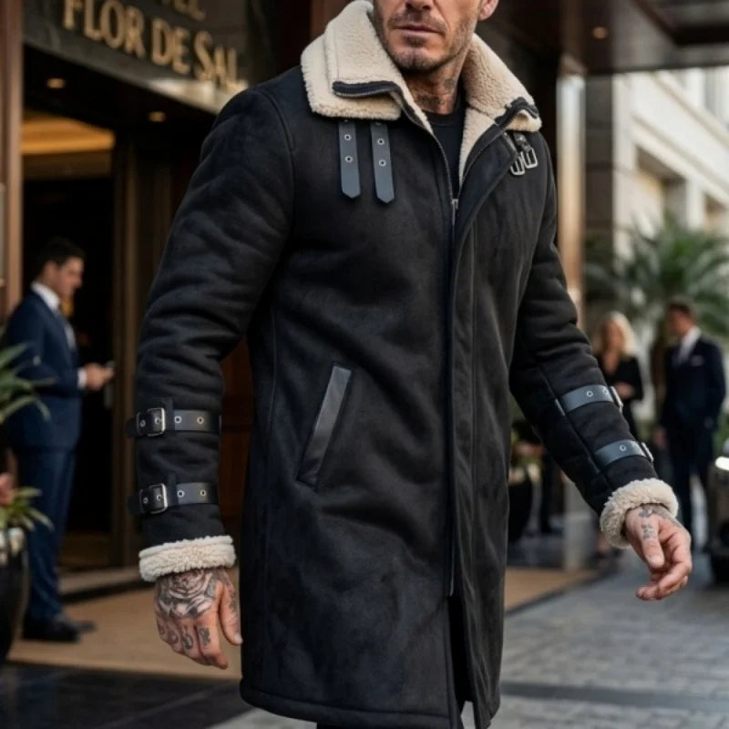 New Winter Windproof Jacket - Mid-length Warm Fleece Coat Double Collar Double-layered Outdoor Warm Coat Street  Mens Jacket