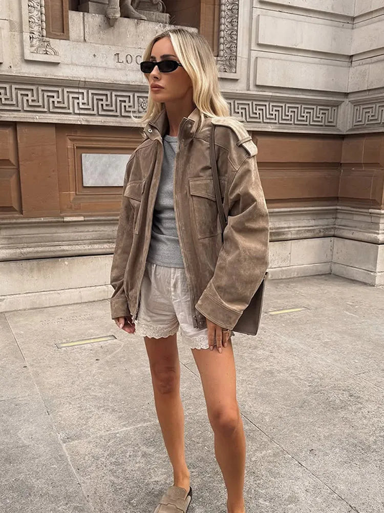 Casual Solid Short Suede Jacket Women Chic Stand Collar Full Sleeve Zipper Pocket Loose Coat 2026 Lady Daily Highstreet Jackets
