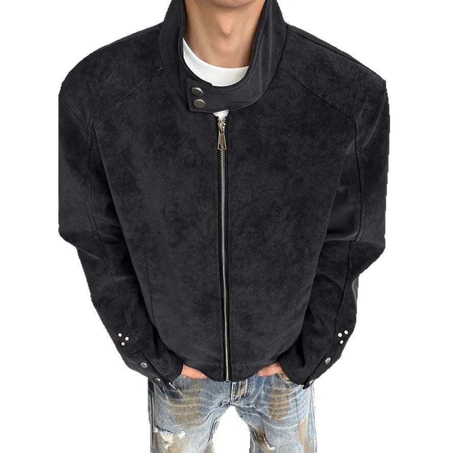 Man Short Jacket 2025 Autumn Motorcycle Jacket Retro Suede Jacket Unisex Oversized Couples' Camel Tone Streetwear Coat