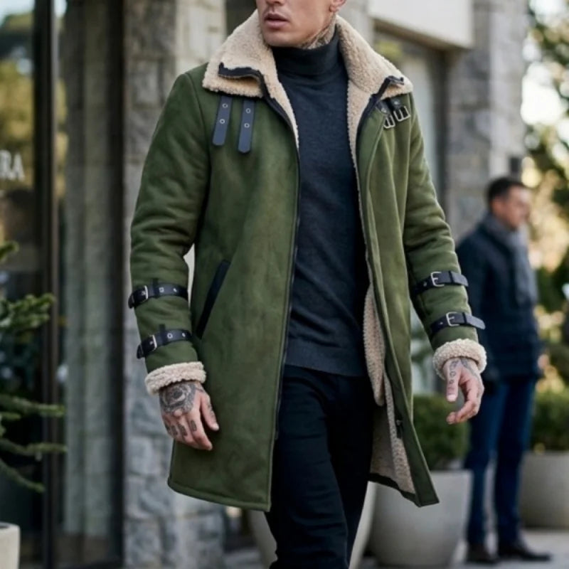 New Winter Windproof Jacket - Mid-length Warm Fleece Coat Double Collar Double-layered Outdoor Warm Coat Street  Mens Jacket
