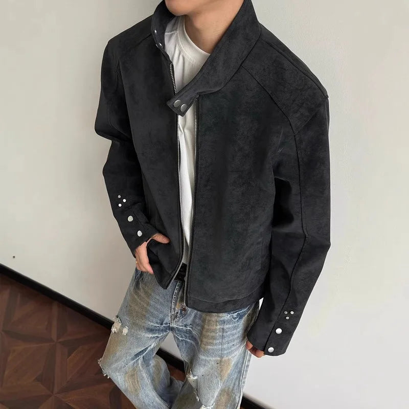 Man Short Jacket 2025 Autumn Motorcycle Jacket Retro Suede Jacket Unisex Oversized Couples' Camel Tone Streetwear Coat
