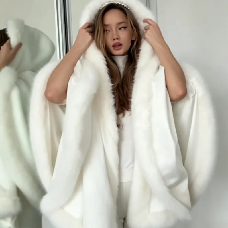 Women Luxury Furry Trim Hooded Cape Coat Warm Loose White Shawl Cloak Winter Fashion Evening Party Festival Elegant Lady Outfit