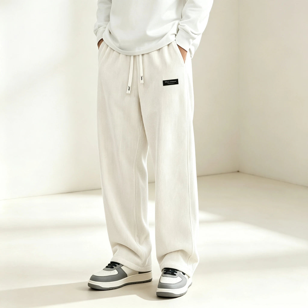 New Model Men Corduroy Wide Leg Trousers Elastic Drawstring Waist Loose Straight Casual Pants Fashion