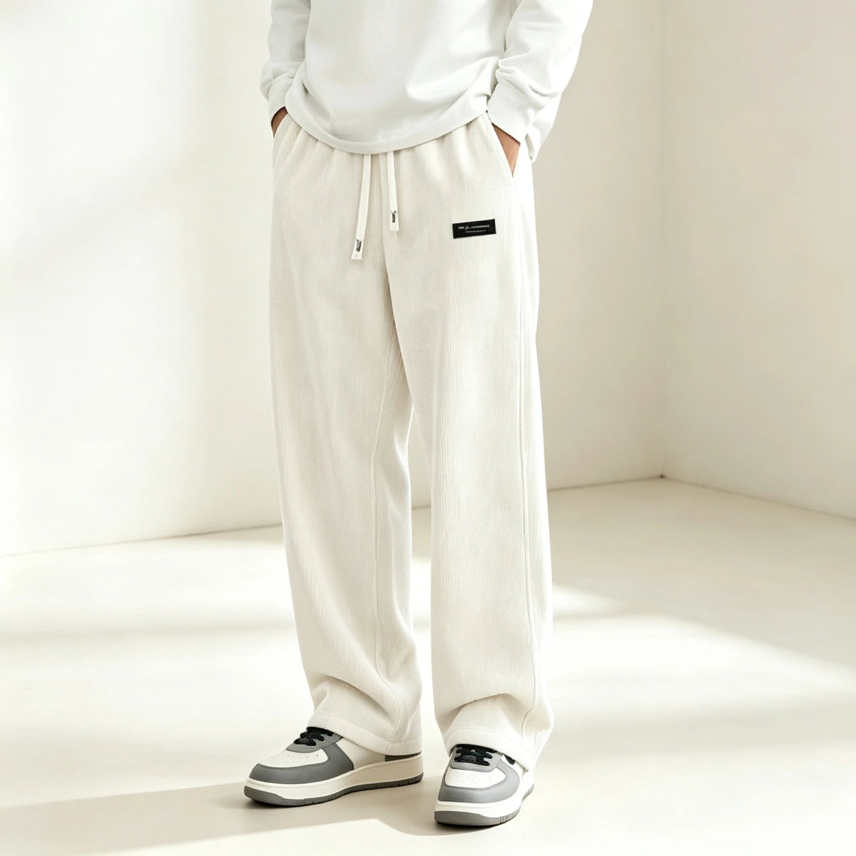New Model Men Corduroy Wide Leg Trousers Elastic Drawstring Waist Loose Straight Casual Pants Fashion