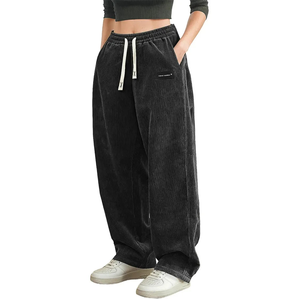 Autumn Mens Corduroy Casual Pants Fashion Loose Fit Pants Straight Sweatpants Elastic Waist Drawstring Outdoor Streetwear