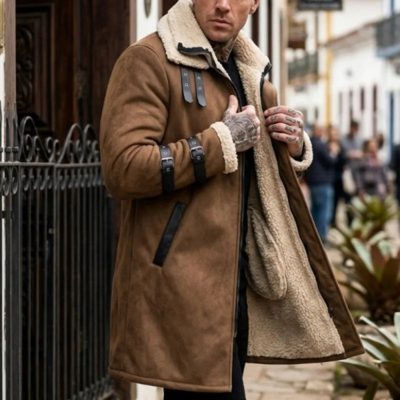 New Winter Windproof Jacket - Mid-length Warm Fleece Coat Double Collar Double-layered Outdoor Warm Coat Street  Mens Jacket