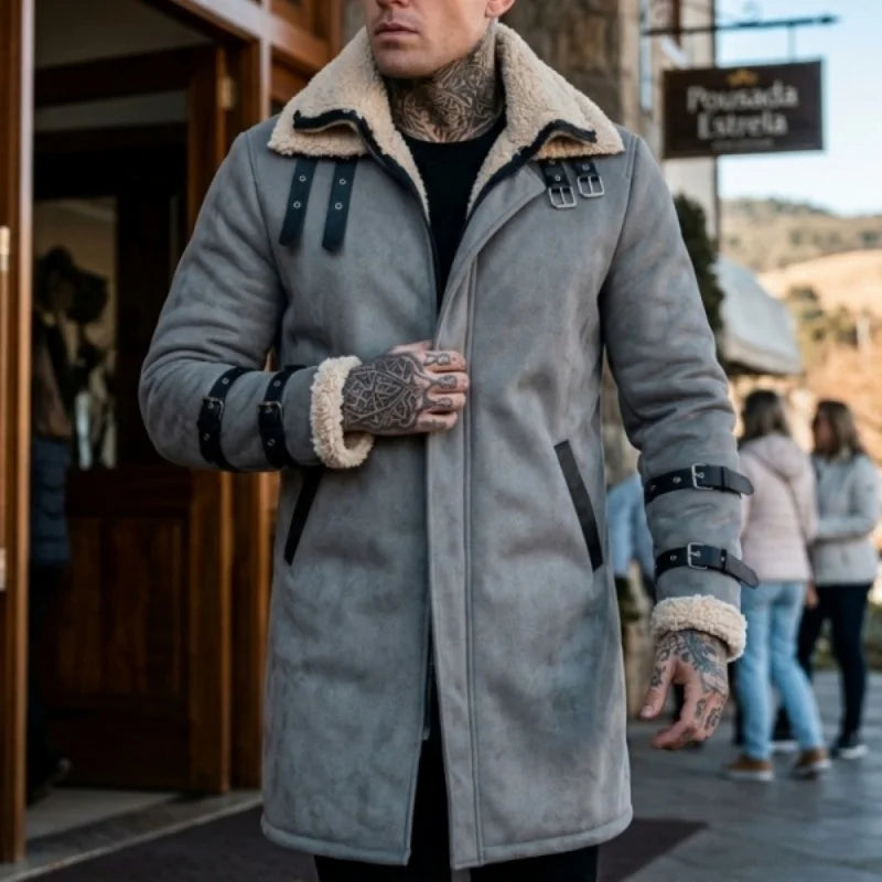 New Winter Windproof Jacket - Mid-length Warm Fleece Coat Double Collar Double-layered Outdoor Warm Coat Street  Mens Jacket