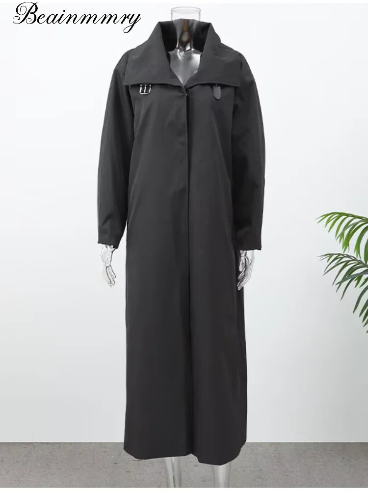 Women Black Long Solid Color Trench Coat Stand Collar Loose Drop Shoulder Single-breasted Windbreaker Lady Commute Outing Wear