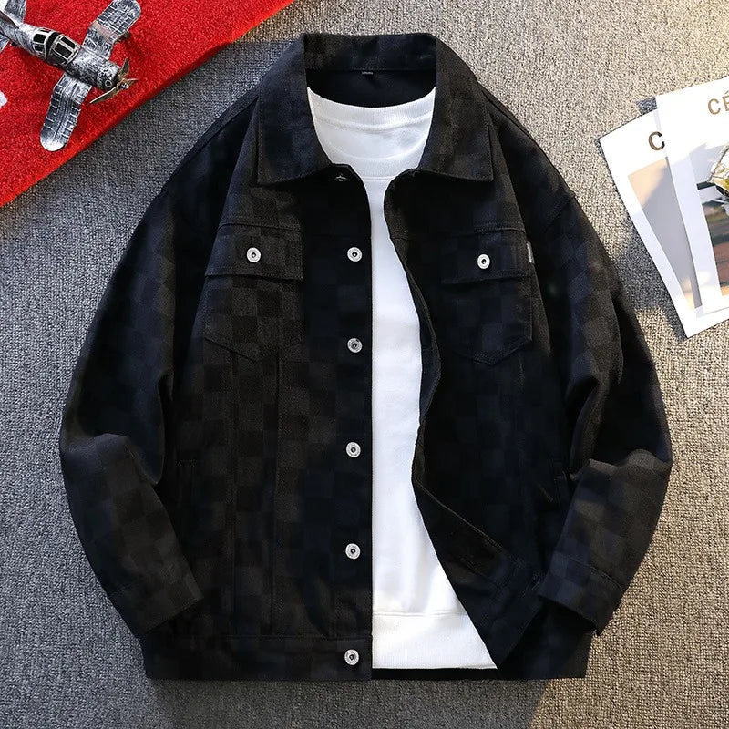 Jackets For Man Trendy Oversized Checkerboard Print Denim Man Coat Casual Streetwear Style Outerwear For Men