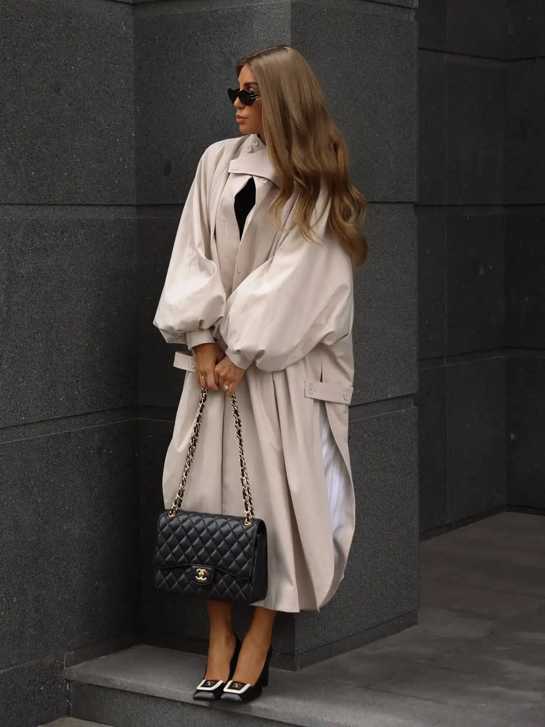 Women's Brown Stand Up Collar Long Long Trench Coat  Lantern Sleeve Side Slit Loose Windbreaker 2026 Spring Autumn Fashion Coat
