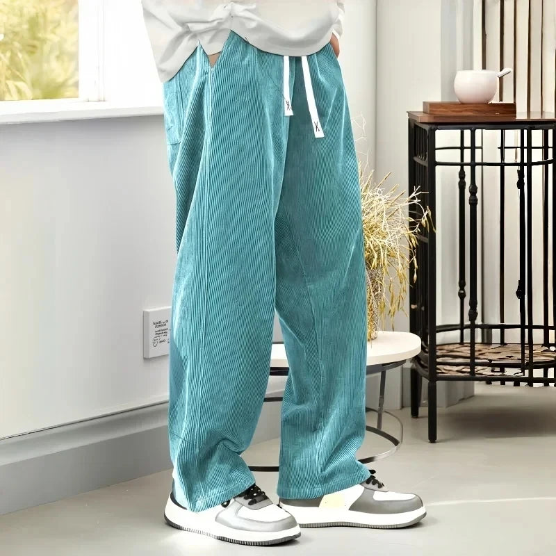 2026 Autumn Mens Corduroy Casual Pants Fashion Loose Fit Pants Straight Sweatpants Elastic Waist Drawstring Outdoor Streetwear