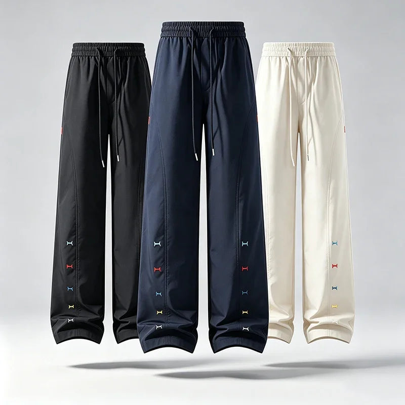 Mens Streetwear Wide Leg Pants Elastic Waist Drawstring Colorful Embroidery Ornament Loose Straight Casual Trousers