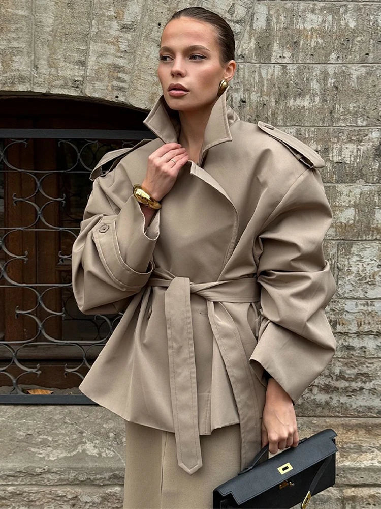Women Black Long Solid Color Trench Coat Stand Collar Loose Drop Shoulder Single-breasted Windbreaker Lady Commute Outing Wear