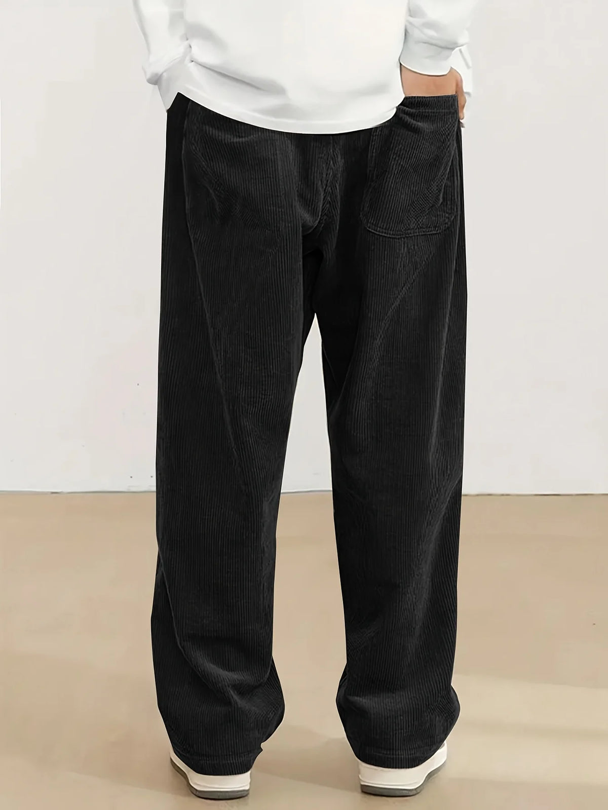 New Model Men Corduroy Wide Leg Trousers Elastic Drawstring Waist Loose Straight Casual Pants Fashion