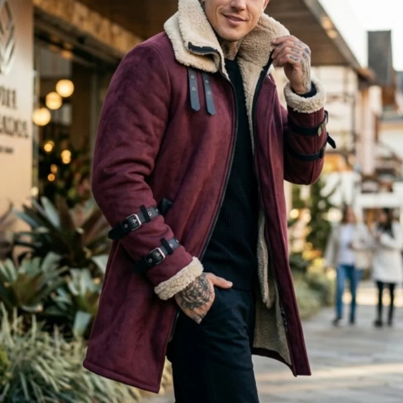 New Winter Windproof Jacket - Mid-length Warm Fleece Coat Double Collar Double-layered Outdoor Warm Coat Street  Mens Jacket