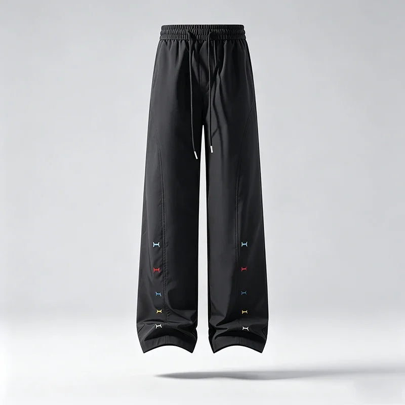 Mens Streetwear Wide Leg Pants Elastic Waist Drawstring Colorful Embroidery Ornament Loose Straight Casual Trousers