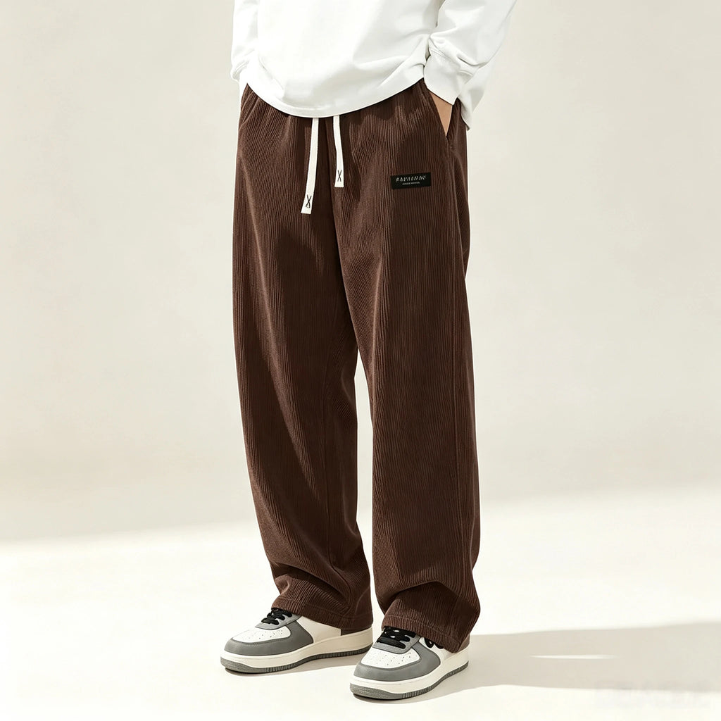 New Model Men Corduroy Wide Leg Trousers Elastic Drawstring Waist Loose Straight Casual Pants Fashion