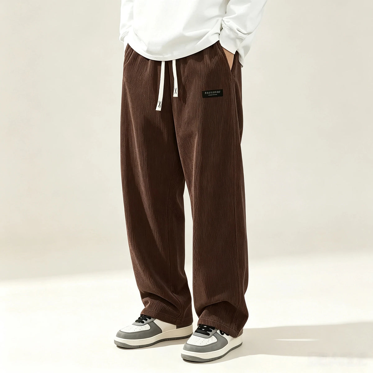 New Model Men Corduroy Wide Leg Trousers Elastic Drawstring Waist Loose Straight Casual Pants Fashion