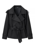 Women Black Long Solid Color Trench Coat Stand Collar Loose Drop Shoulder Single-breasted Windbreaker Lady Commute Outing Wear