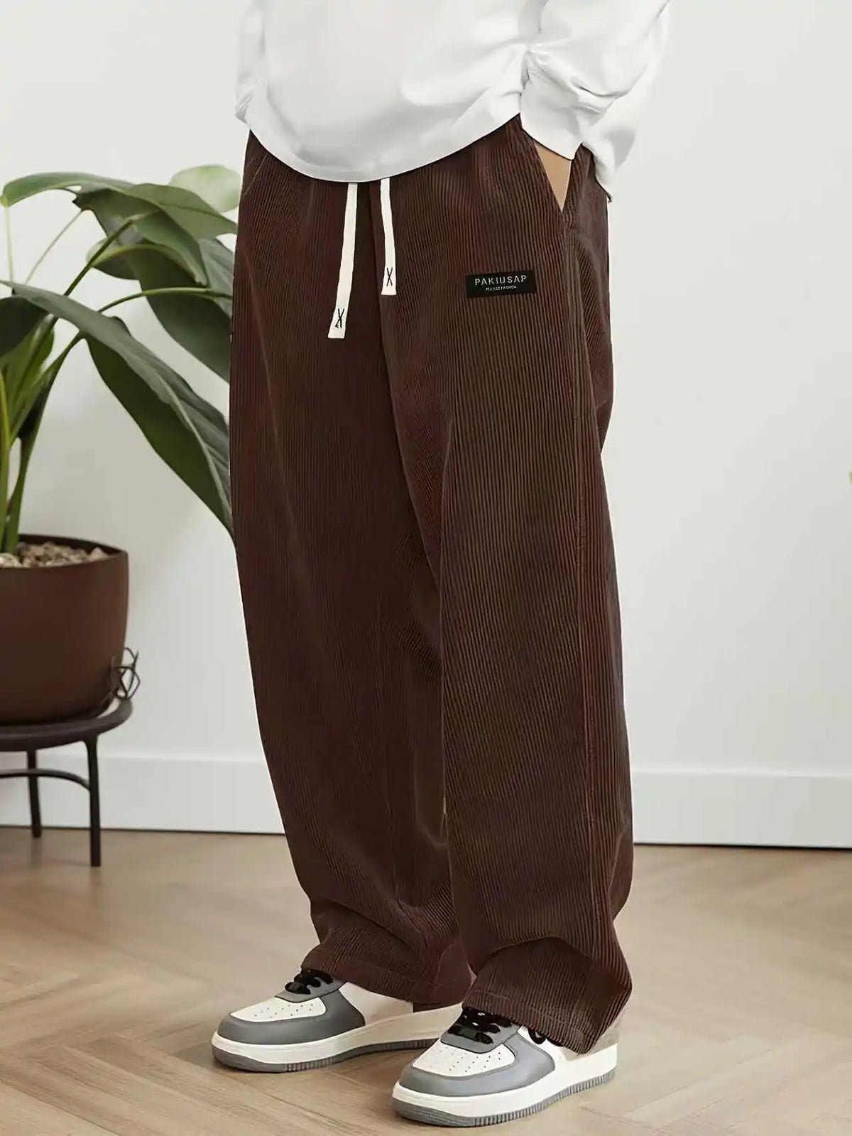 New Model Men Corduroy Wide Leg Trousers Elastic Drawstring Waist Loose Straight Casual Pants Fashion