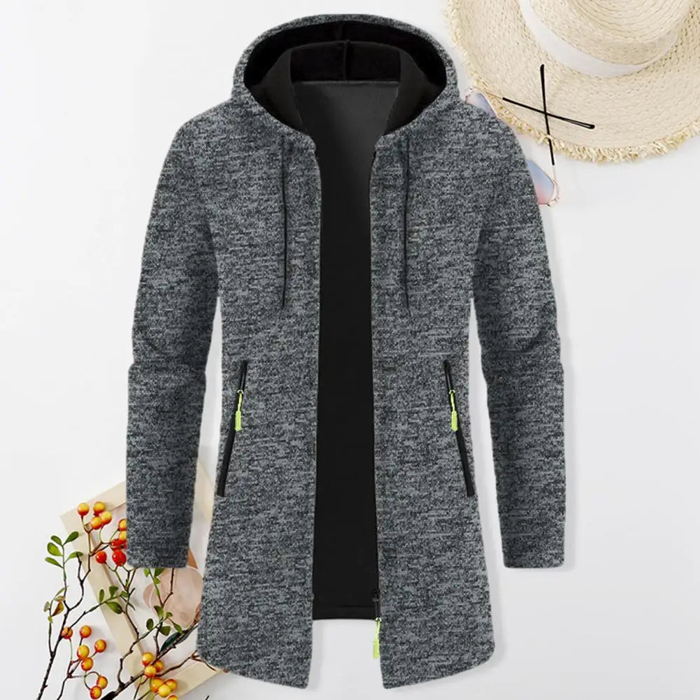 High-quality Fabric Men Sweater Stylish Medium Length Hooded Zipper Cardigan Versatile Men's Outerwear for Fall/winter Men Solid