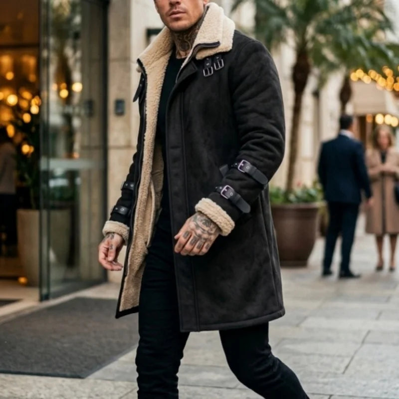 New Winter Windproof Jacket - Mid-length Warm Fleece Coat Double Collar Double-layered Outdoor Warm Coat Street  Mens Jacket